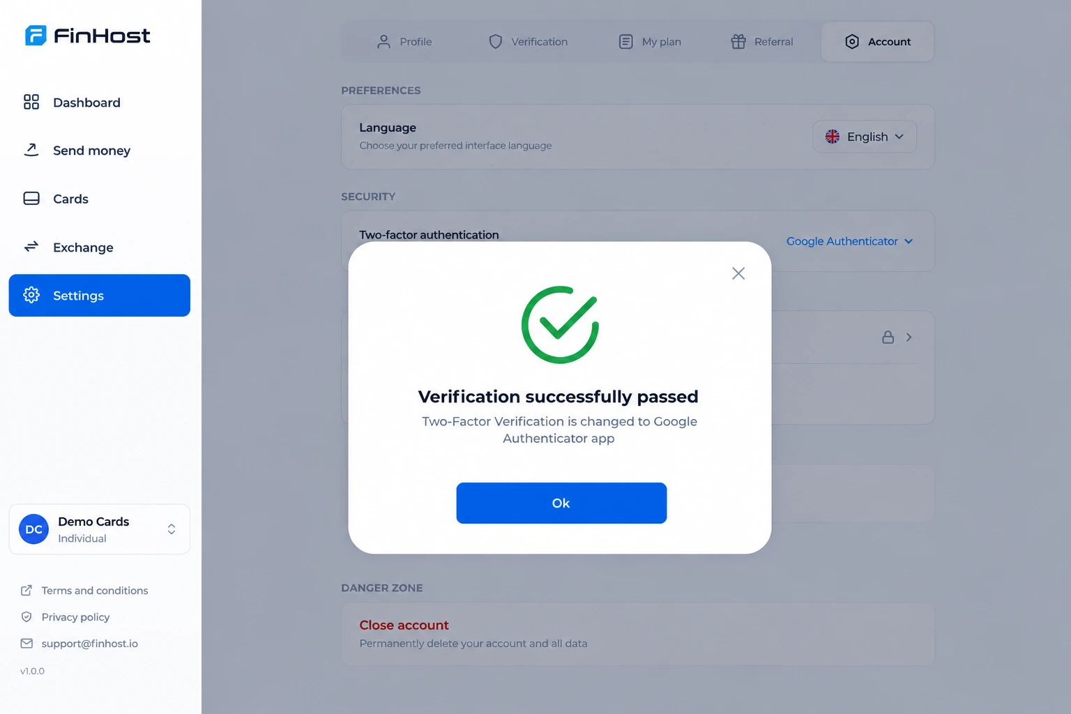 FinHost password recovery and one-time-code verification screens