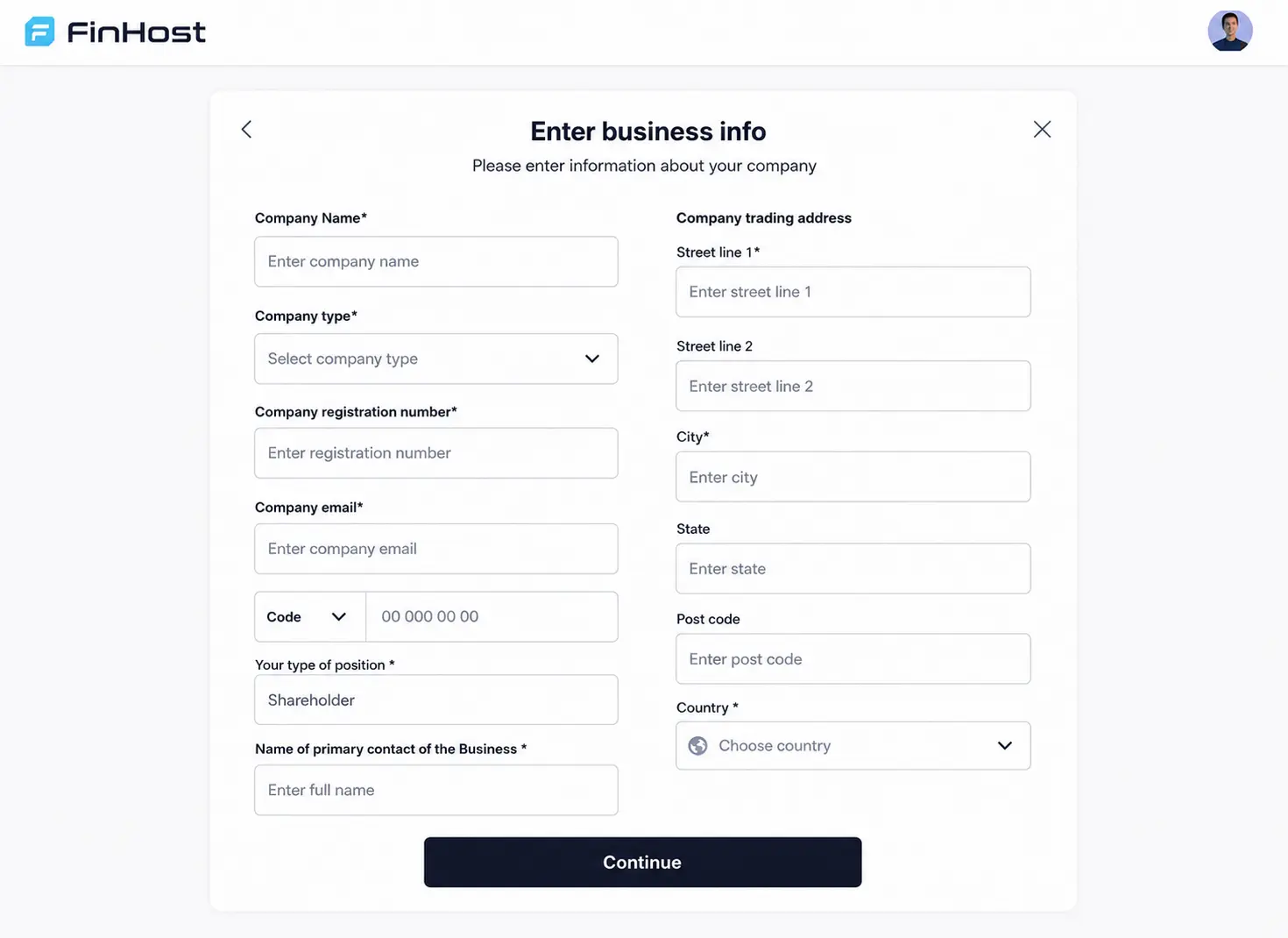 FinHost business information form during KYB setup
