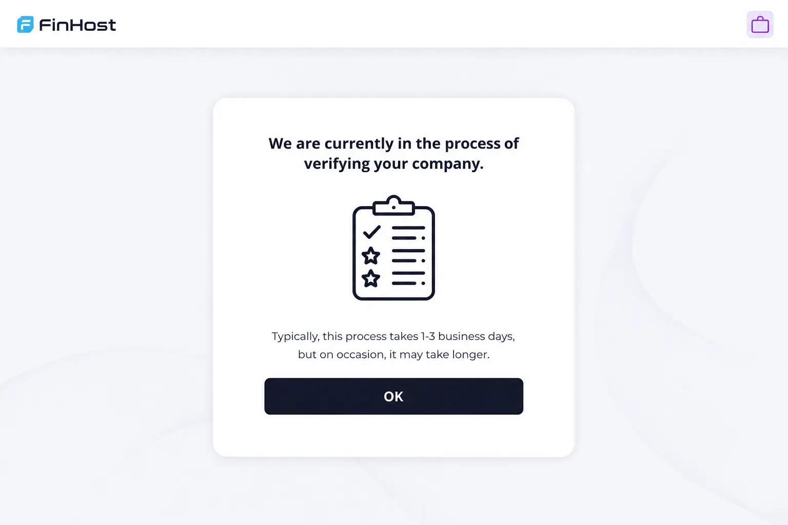 FinHost business verification status shown in the profile switcher