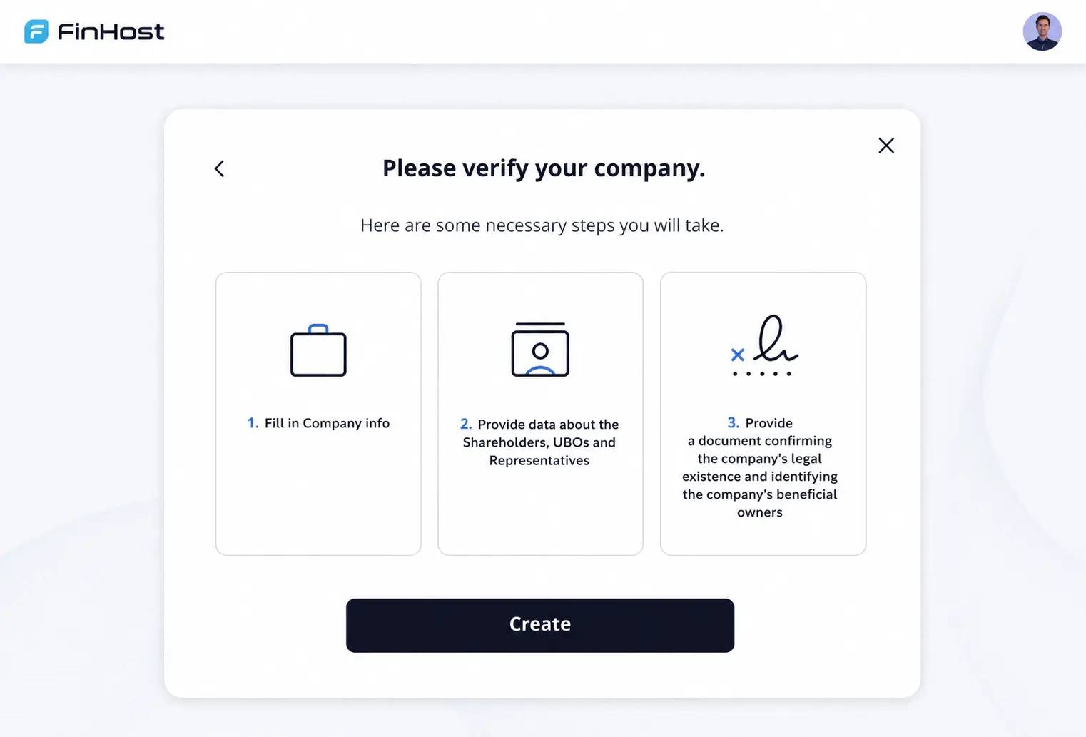 FinHost business verification panel showing company details and status