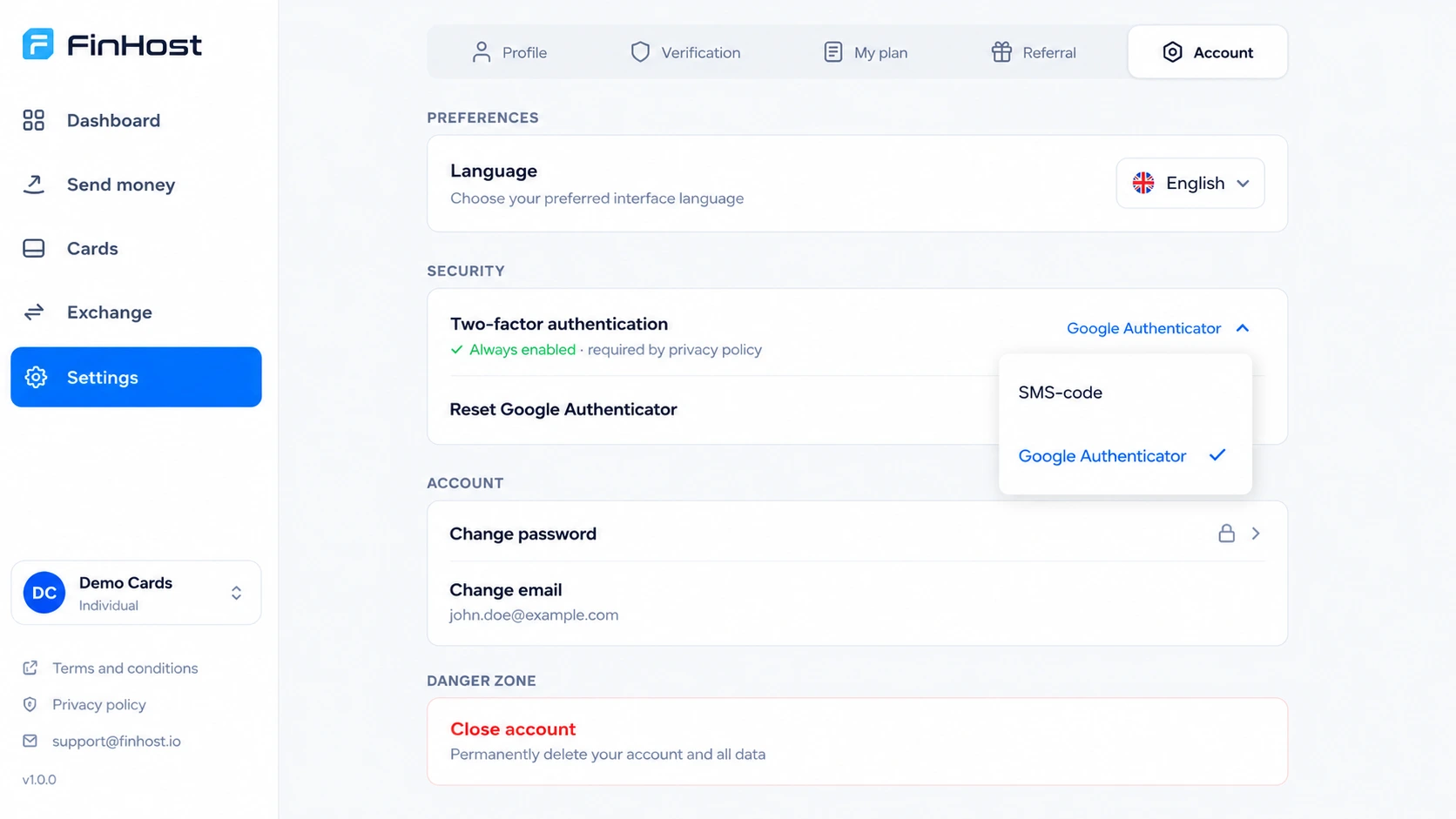 FinHost security panel showing MFA and biometric login settings