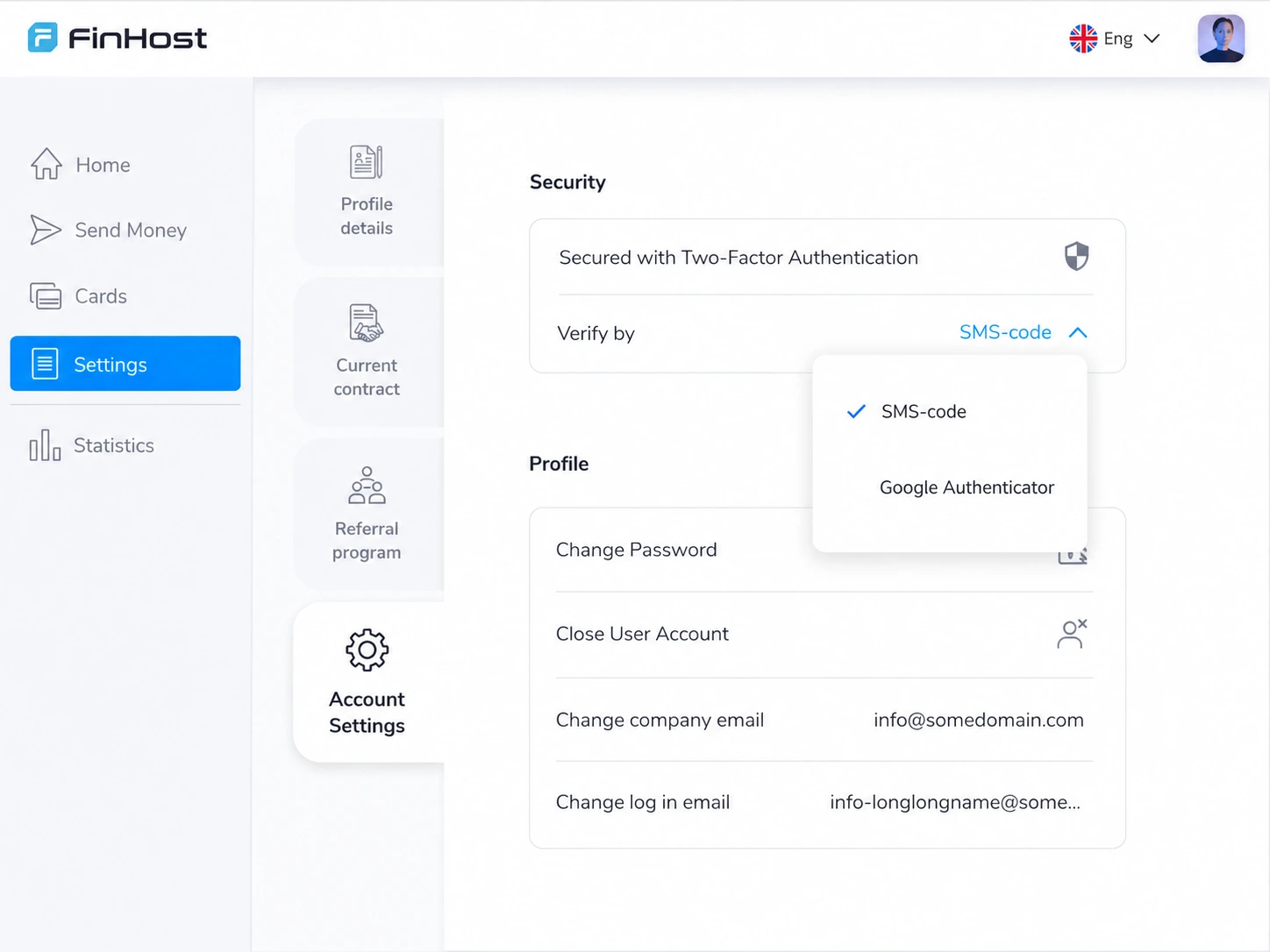 FinHost web security settings showing two-factor authentication with method dropdown