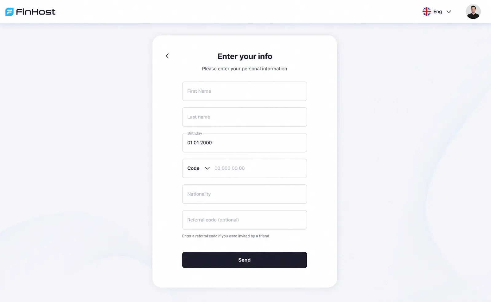 FinHost registration panel with password and customer details