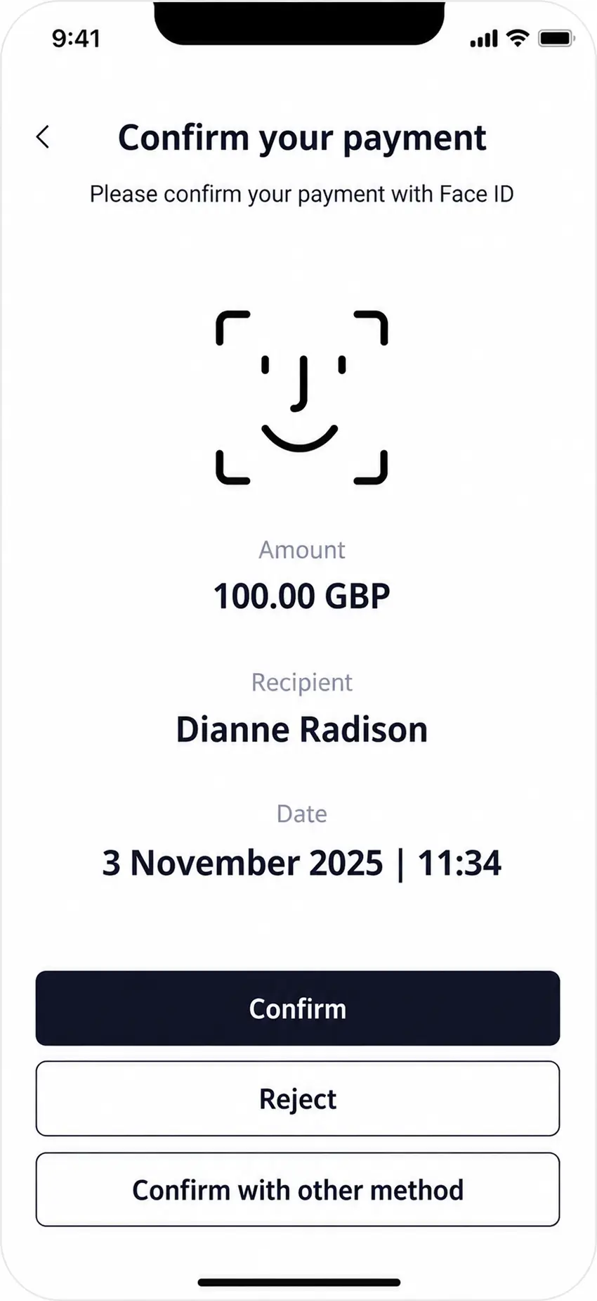 FinHost payment screen with biometric confirmation