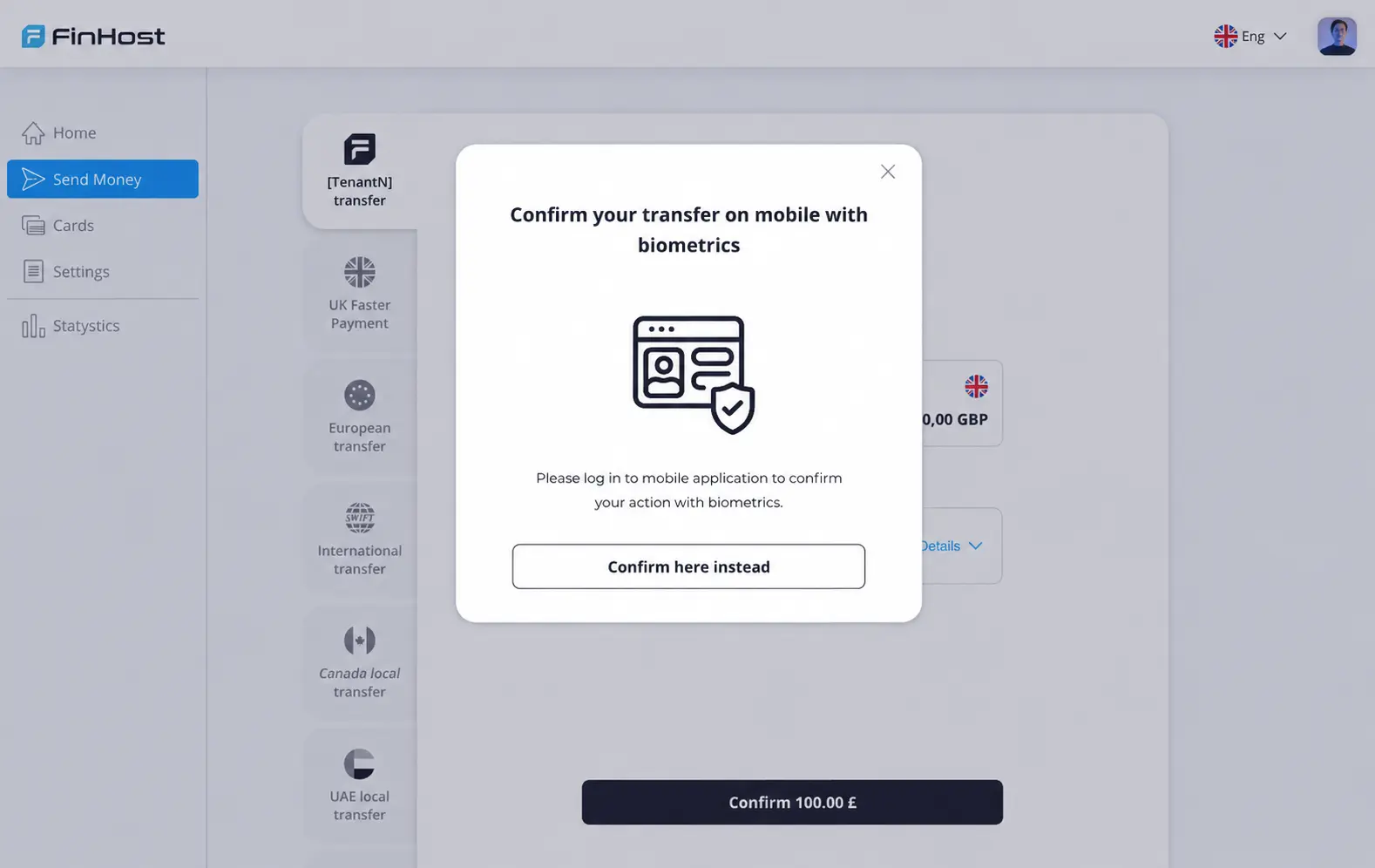 FinHost web payment screen requesting mobile biometric confirmation