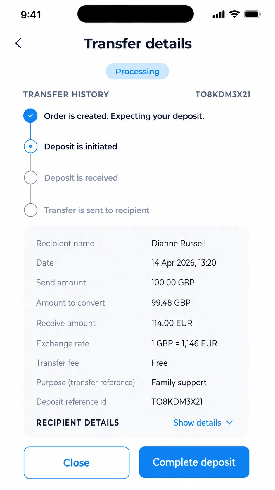 FinHost Transfer Orders screen showing transfer status and transfer details
