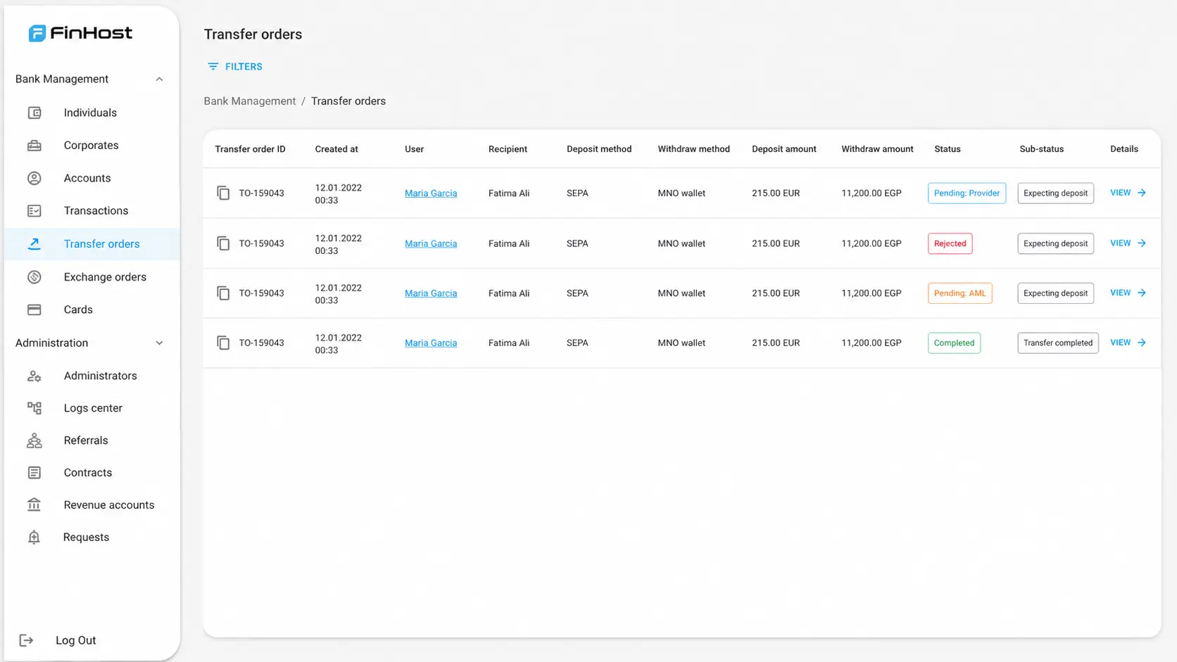 FinHost Back Office Transfer orders list view with filters, statuses, and transfer order records