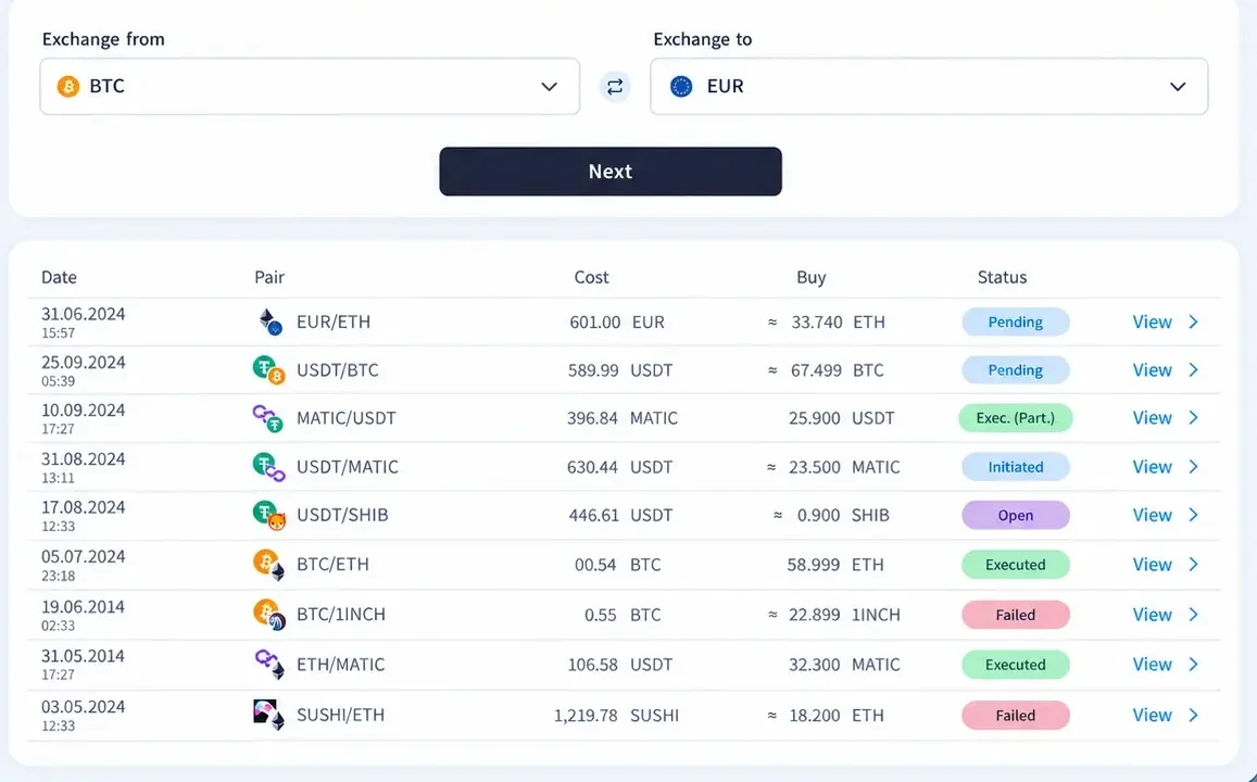 FinHost exchange order history showing currency pairs, amounts, and order statuses