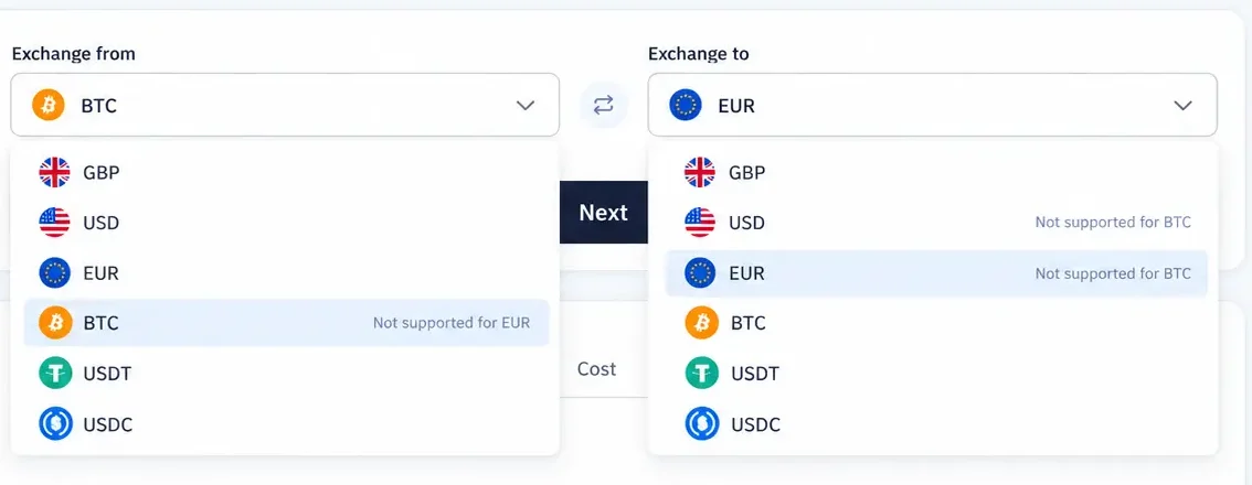 FinHost web exchange account and currency selectors with fiat and crypto options