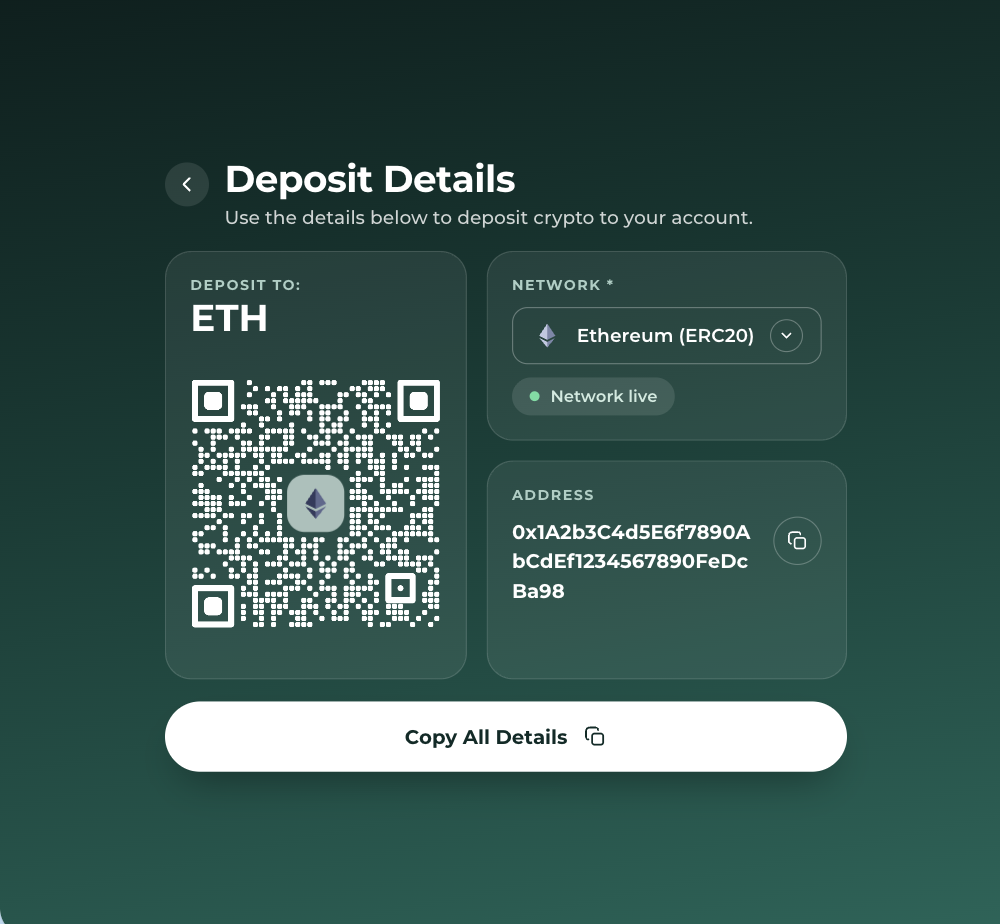 FinHost crypto deposit details screen for an Ethereum deposit on the ERC20 network
