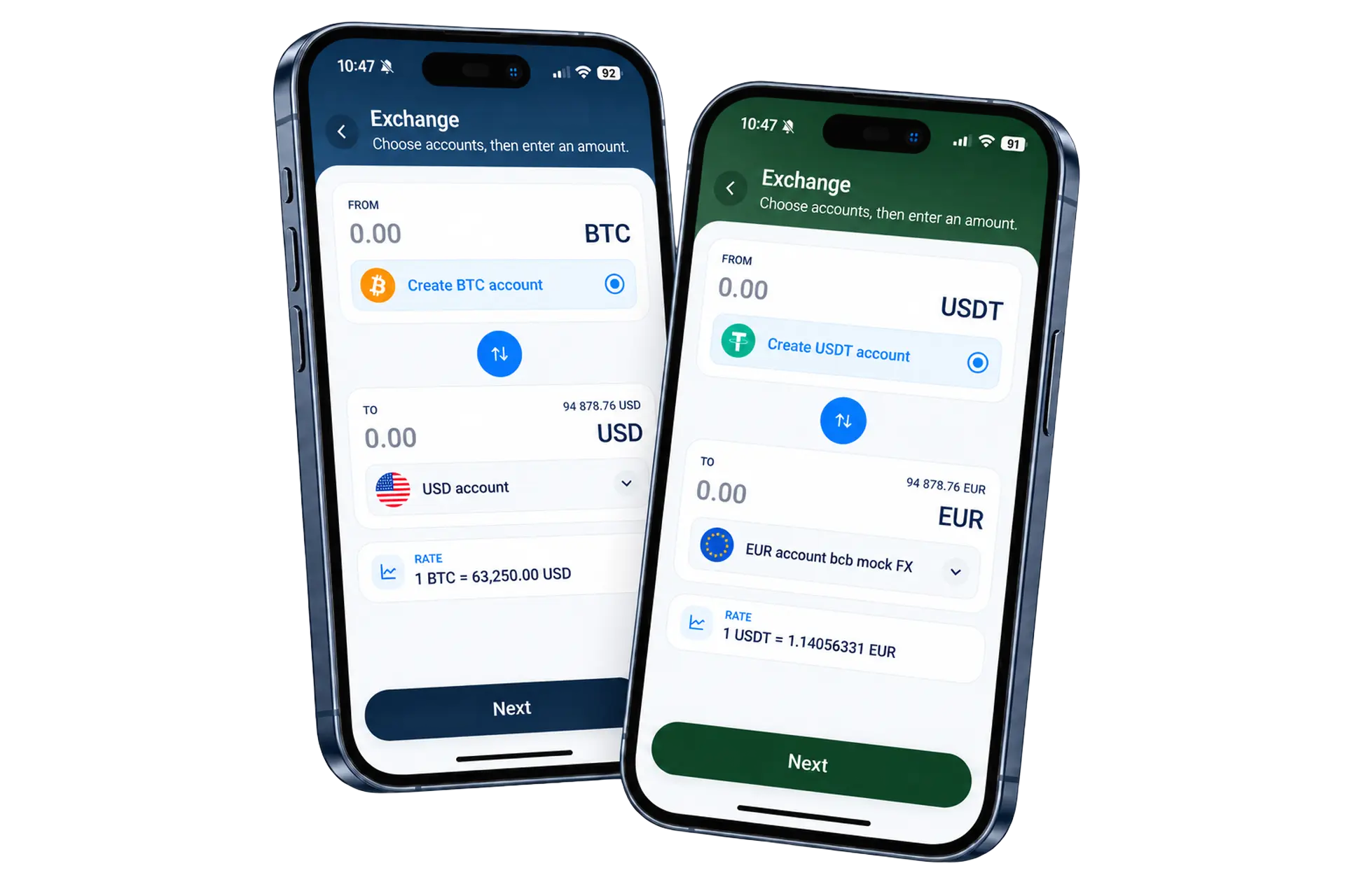 FinHost mobile exchange screens showing AED to EUR FX and USDT to EUR crypto exchange